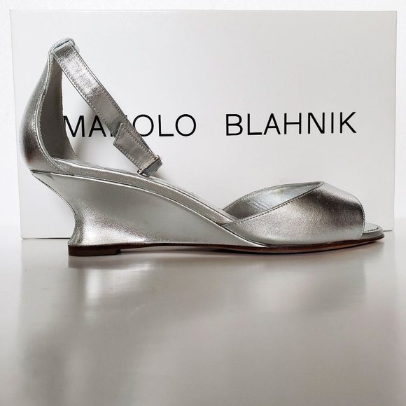 Manolo Blahnik Metallic Demi-Wedge Sandal, Silver - Picture 1 of 12